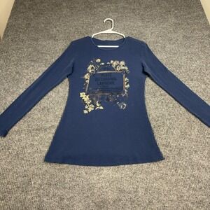 Sledge USA Thermal Shirt Women M Blue Long Sleeve Waffle Knit Graphic Floral Y2K